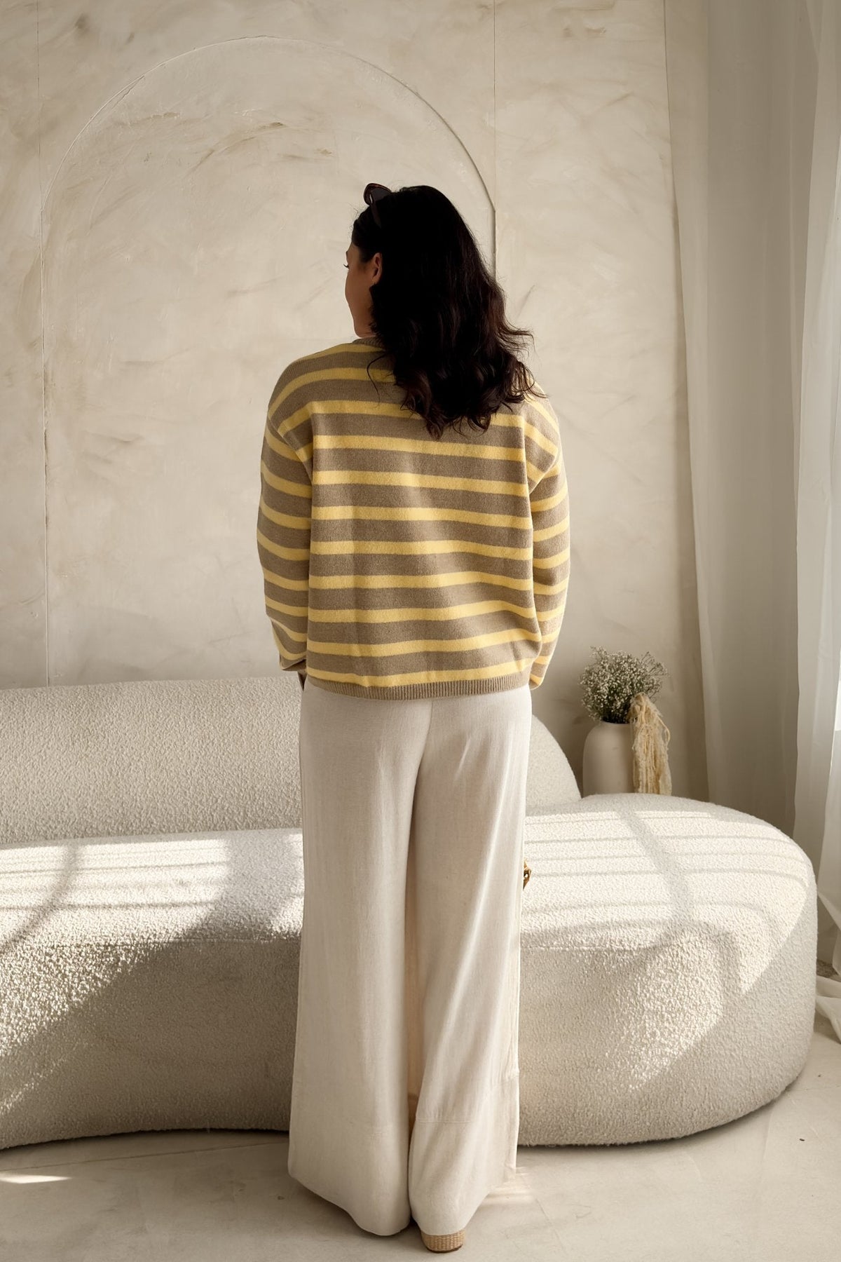 Women’s Yellow Stripe Knit Cardigan – Taupe - Women's Sweaters - Blooming Daily