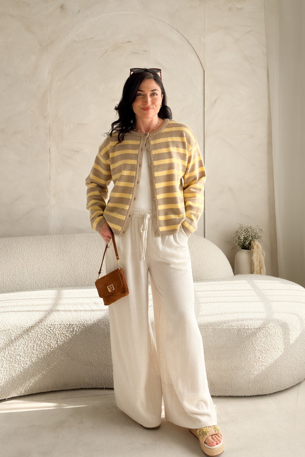 Women’s Yellow Stripe Knit Cardigan – Taupe - Women's Sweaters - Blooming Daily