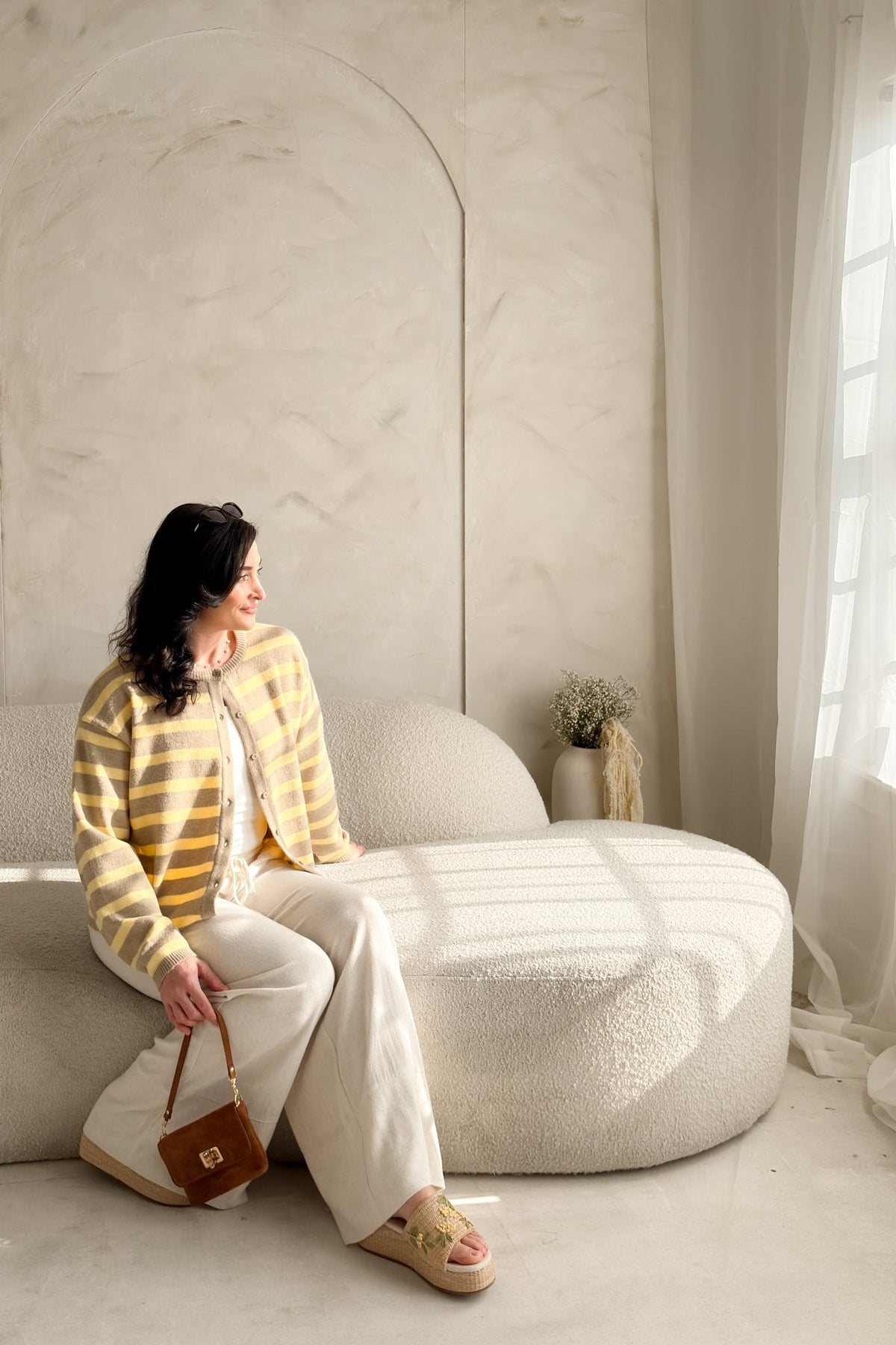 Women’s Yellow Stripe Knit Cardigan – Taupe - Women's Sweaters - Blooming Daily