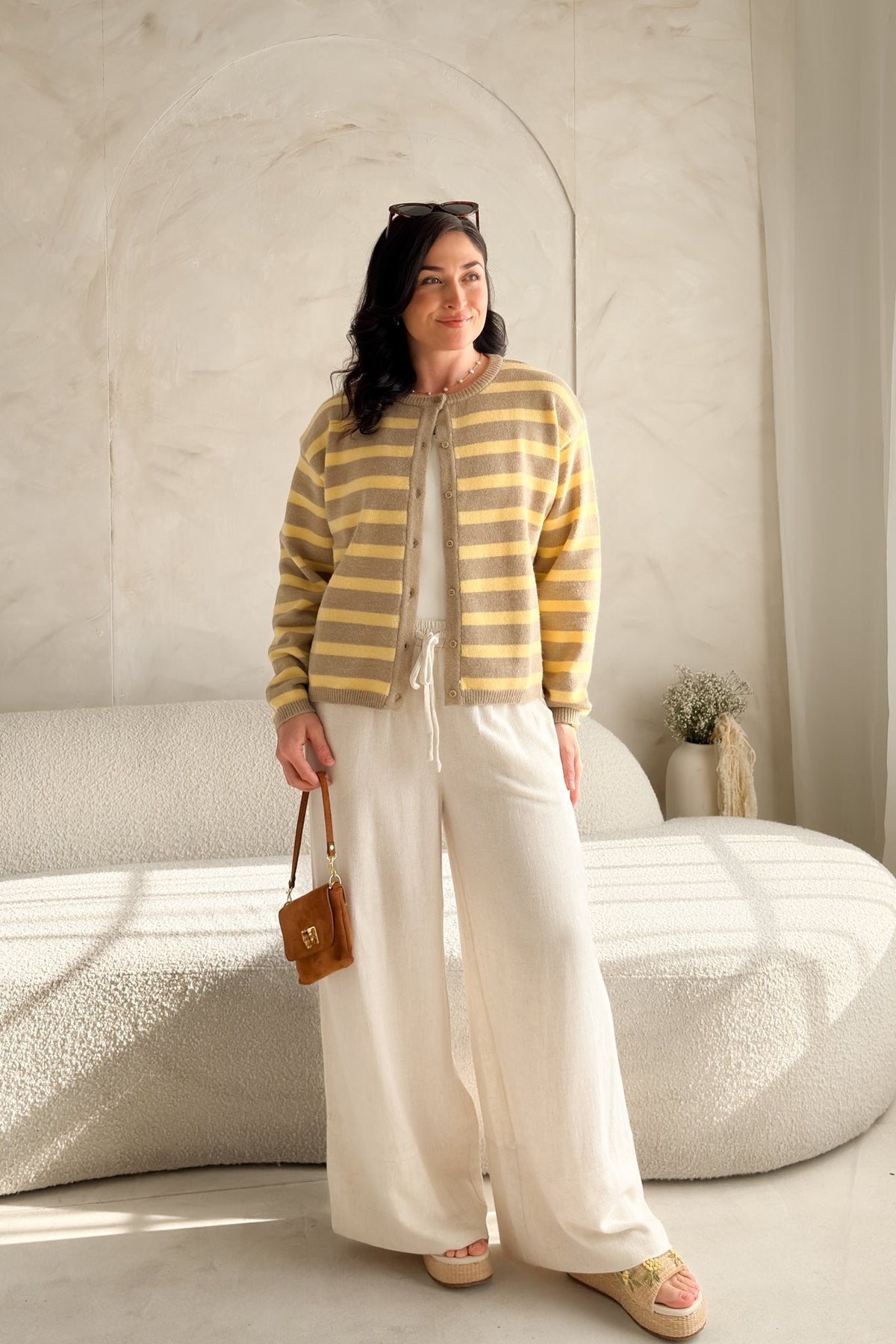 Women’s Yellow Stripe Knit Cardigan – Taupe - Women's Sweaters - Blooming Daily