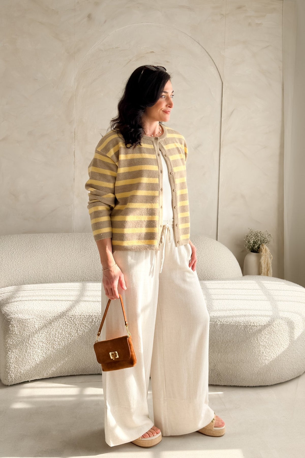 Women’s Yellow Stripe Knit Cardigan – Taupe - Women's Sweaters - Blooming Daily