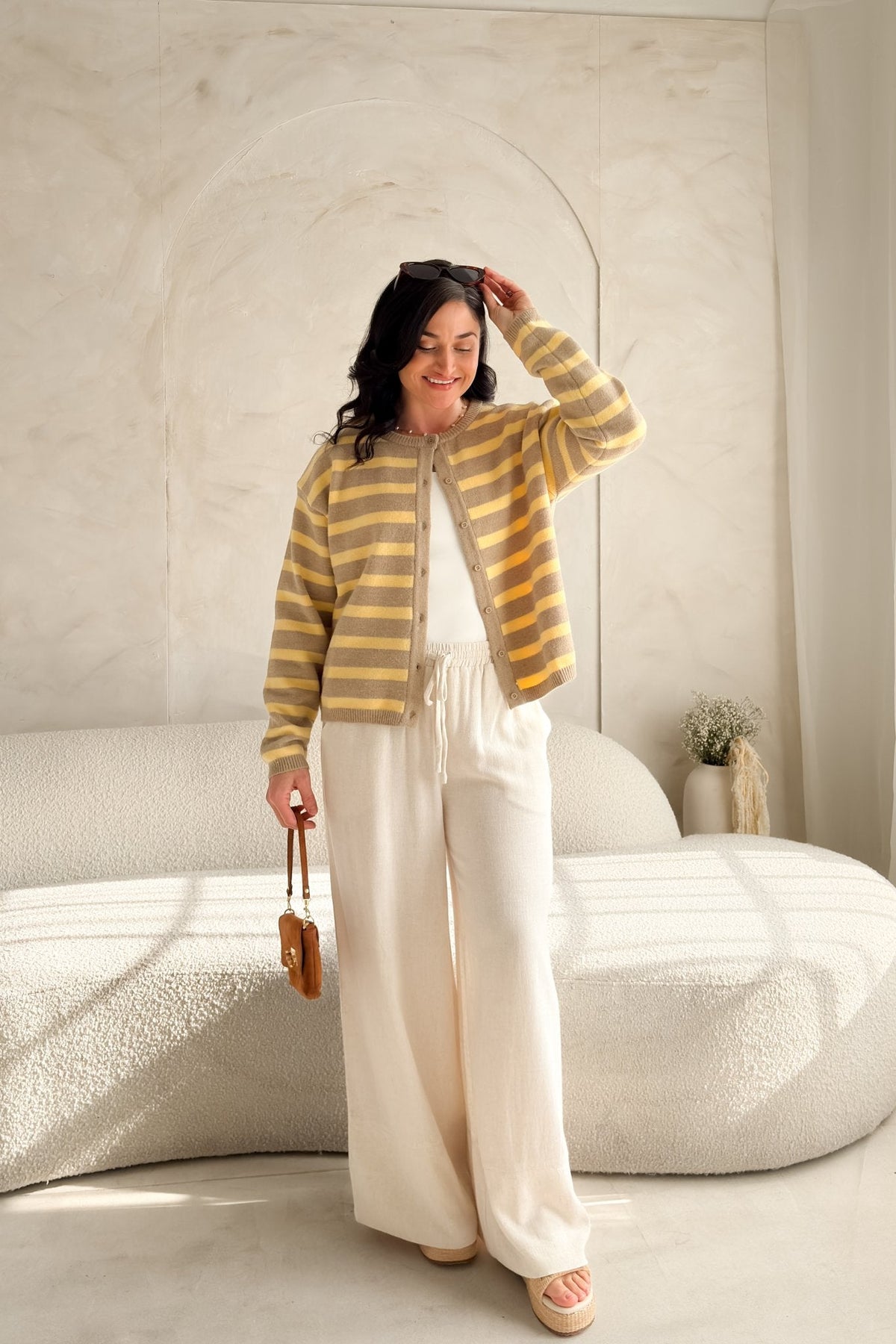 Women’s Yellow Stripe Knit Cardigan – Taupe - Women's Sweaters - Blooming Daily