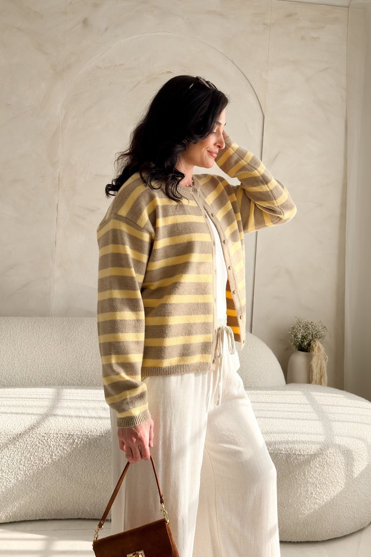 Women’s Yellow Stripe Knit Cardigan – Taupe - Women's Sweaters - Blooming Daily