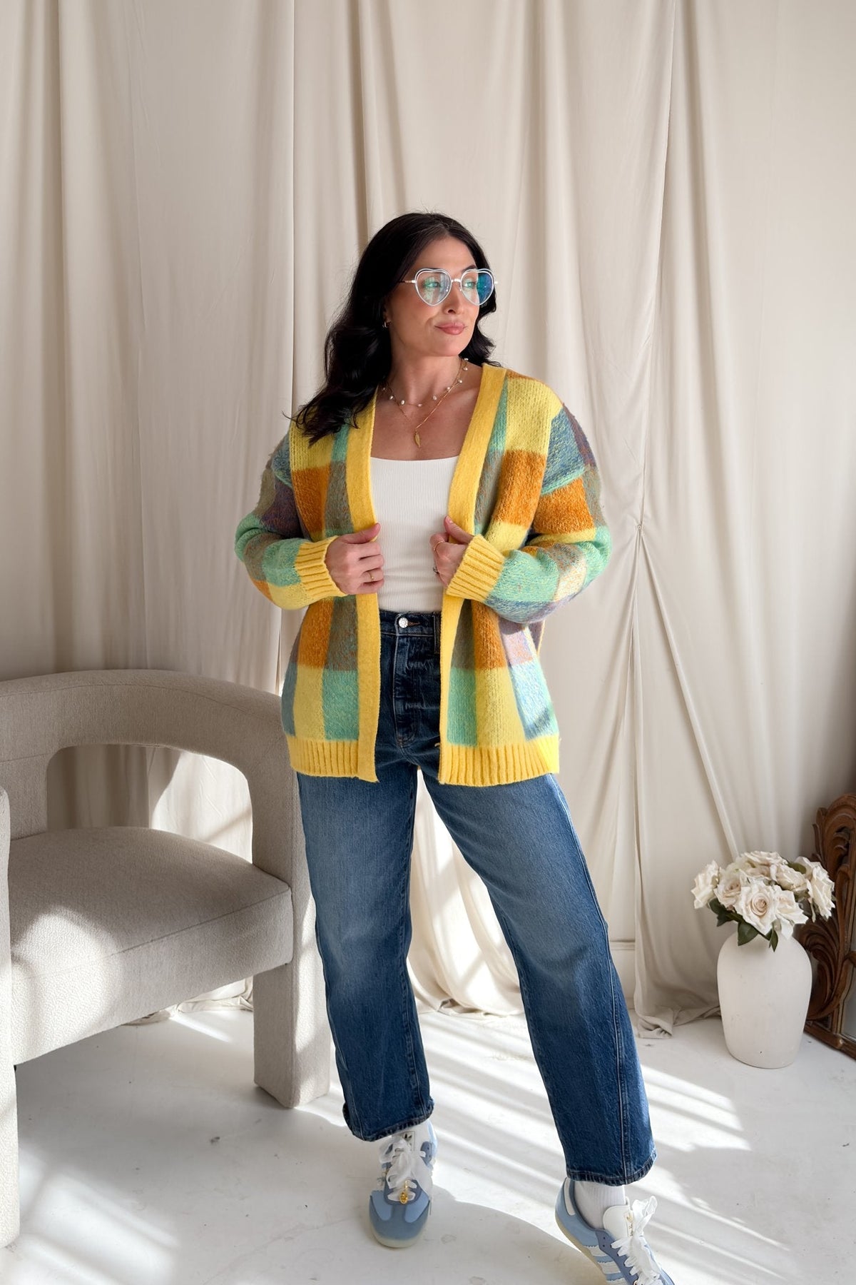 Yellow Multi - Color Check Knit Cardigan – Soft Oversized Fit - Women's Sweaters - Blooming Daily