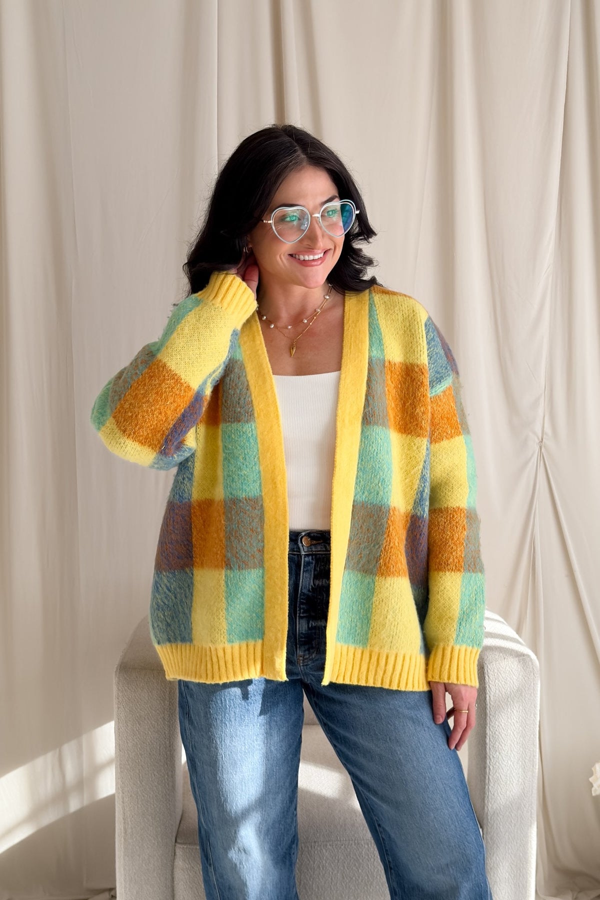 Yellow Multi - Color Check Knit Cardigan – Soft Oversized Fit - Women's Sweaters - Blooming Daily