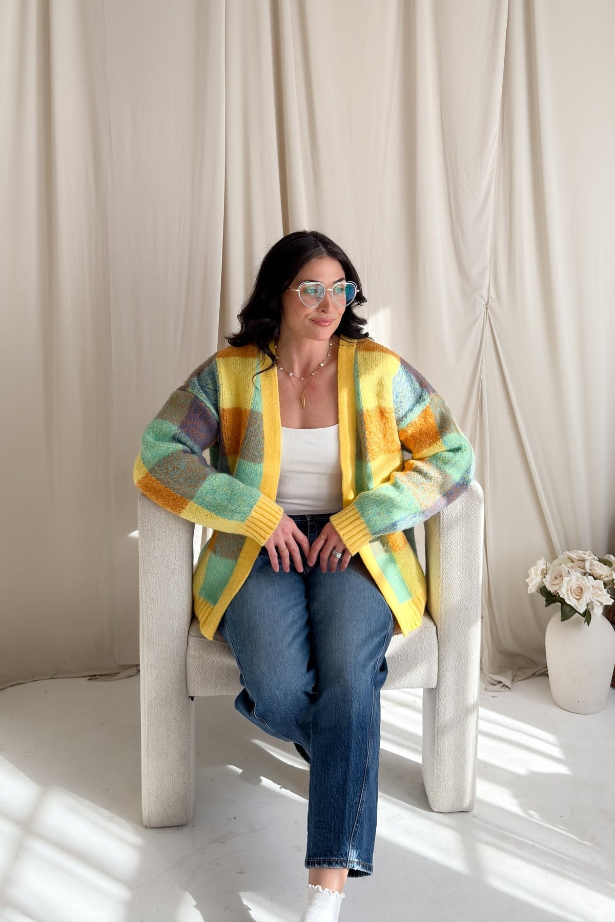 Yellow Multi - Color Check Knit Cardigan – Soft Oversized Fit - Women's Sweaters - Blooming Daily