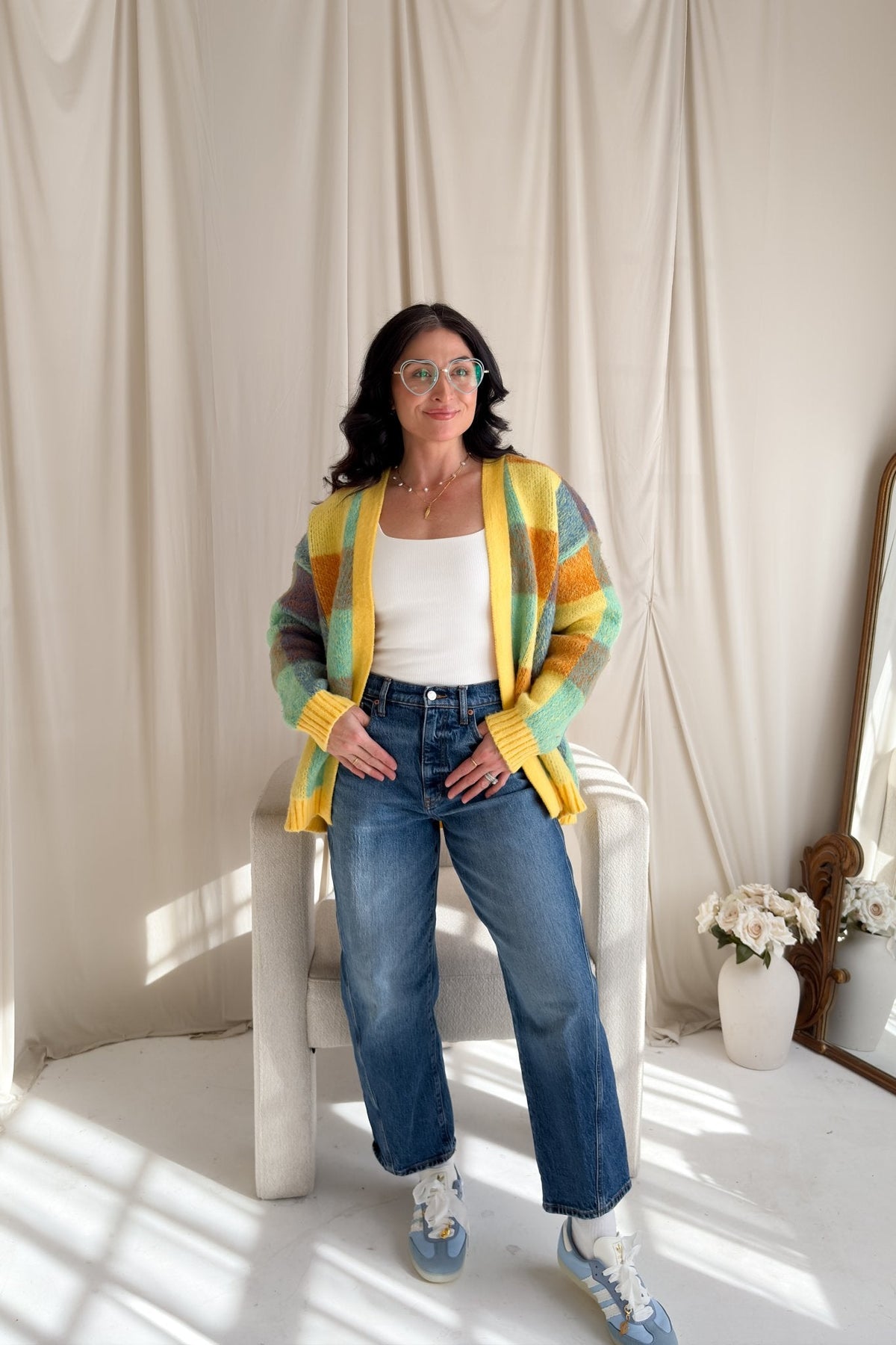 Yellow Multi - Color Check Knit Cardigan – Soft Oversized Fit - Women's Sweaters - Blooming Daily