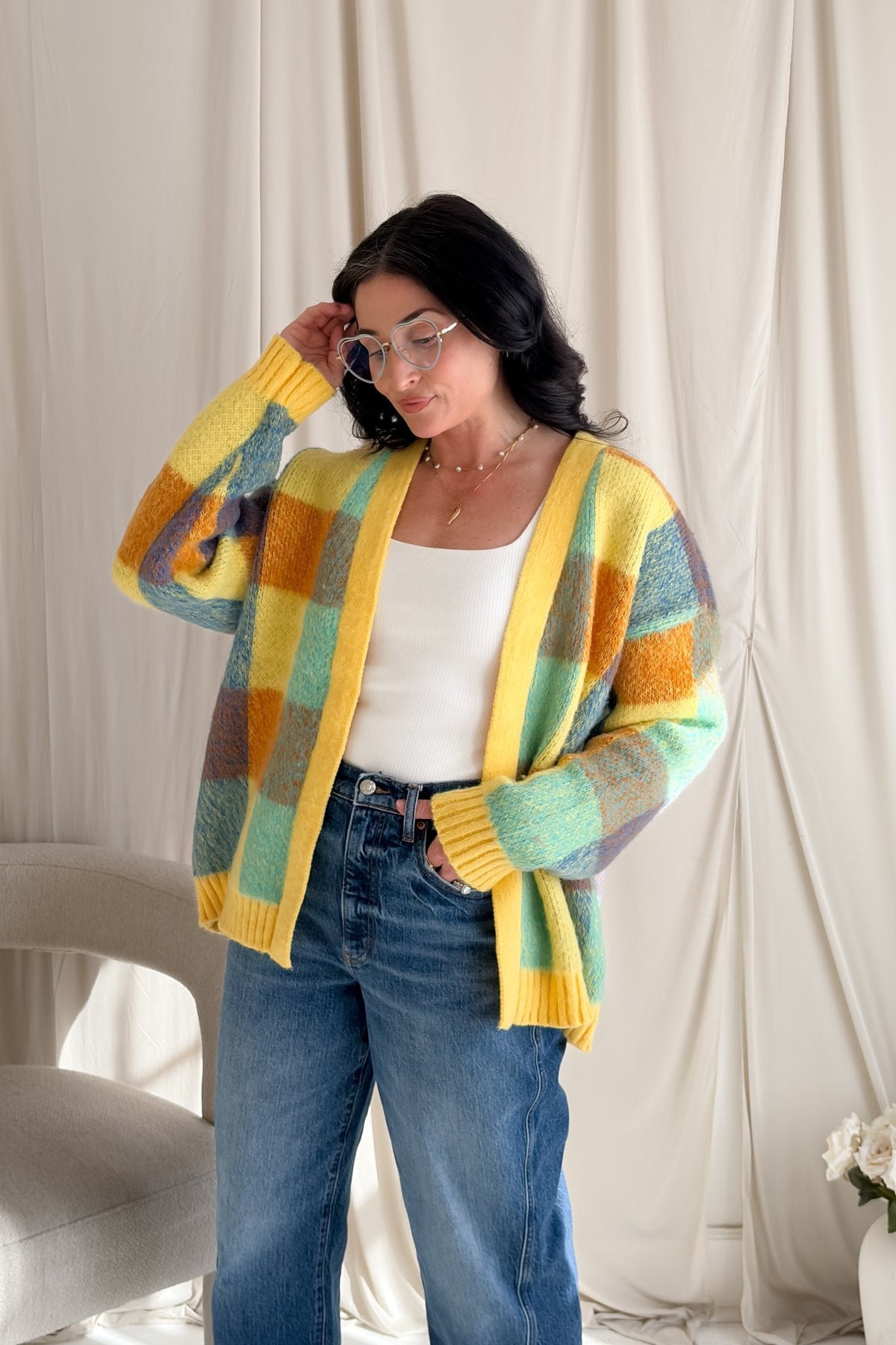Yellow Multi - Color Check Knit Cardigan – Soft Oversized Fit - Women's Sweaters - Blooming Daily
