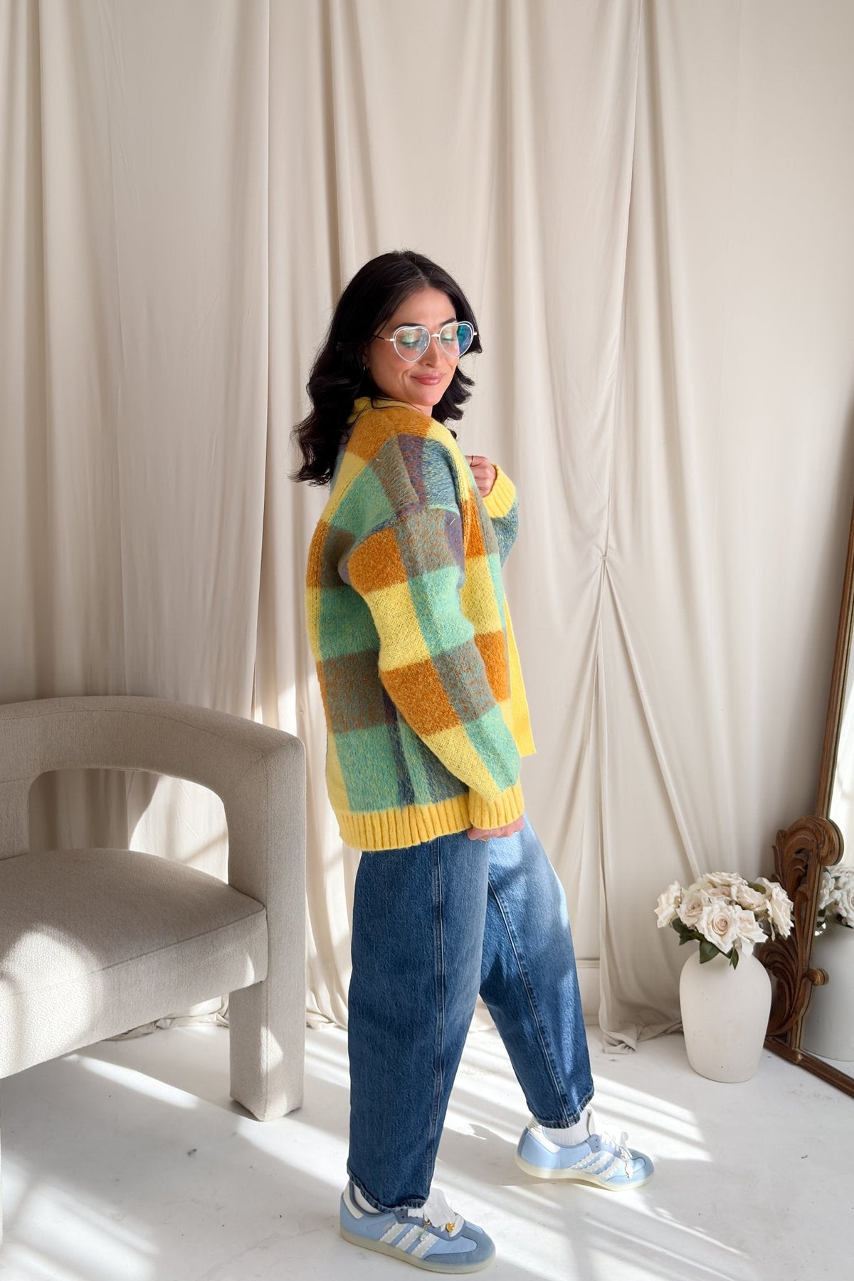 Yellow Multi - Color Check Knit Cardigan – Soft Oversized Fit - Women's Sweaters - Blooming Daily