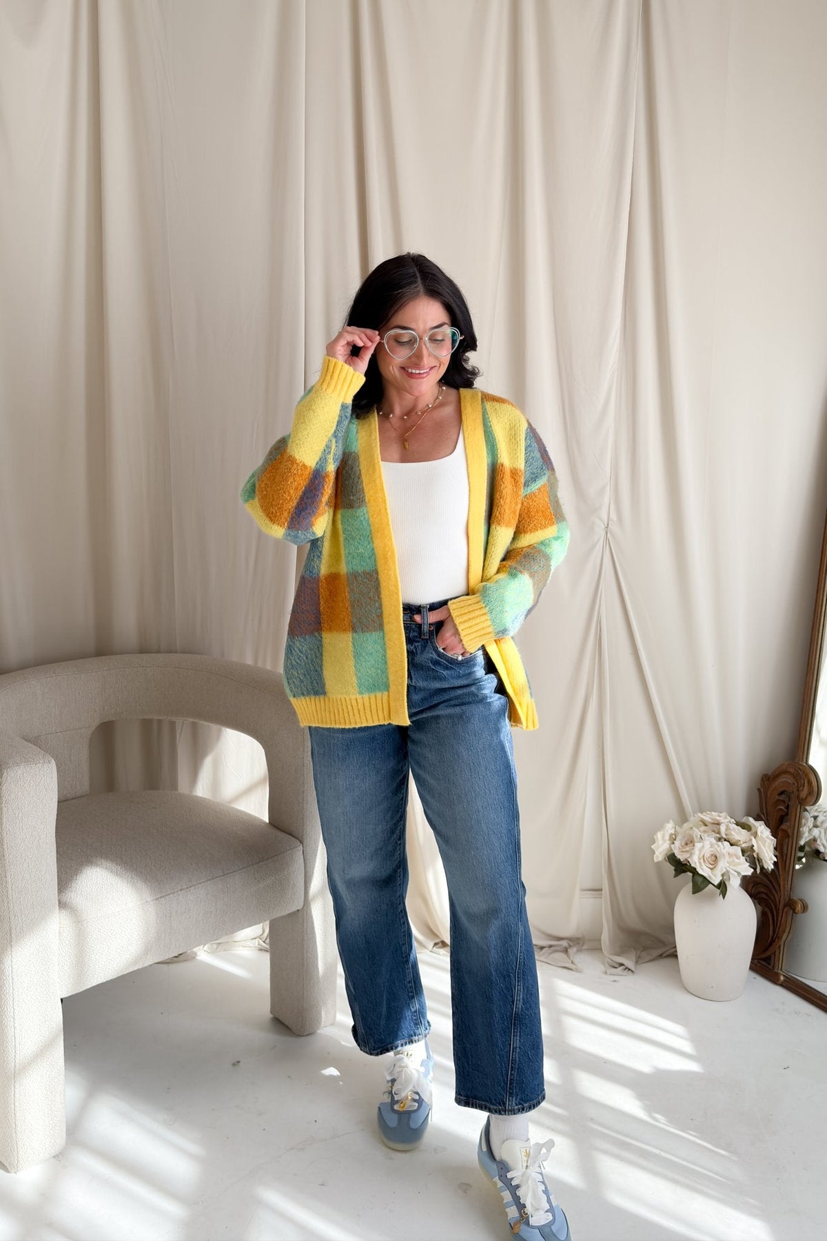 Yellow Multi - Color Check Knit Cardigan – Soft Oversized Fit - Women's Sweaters - Blooming Daily
