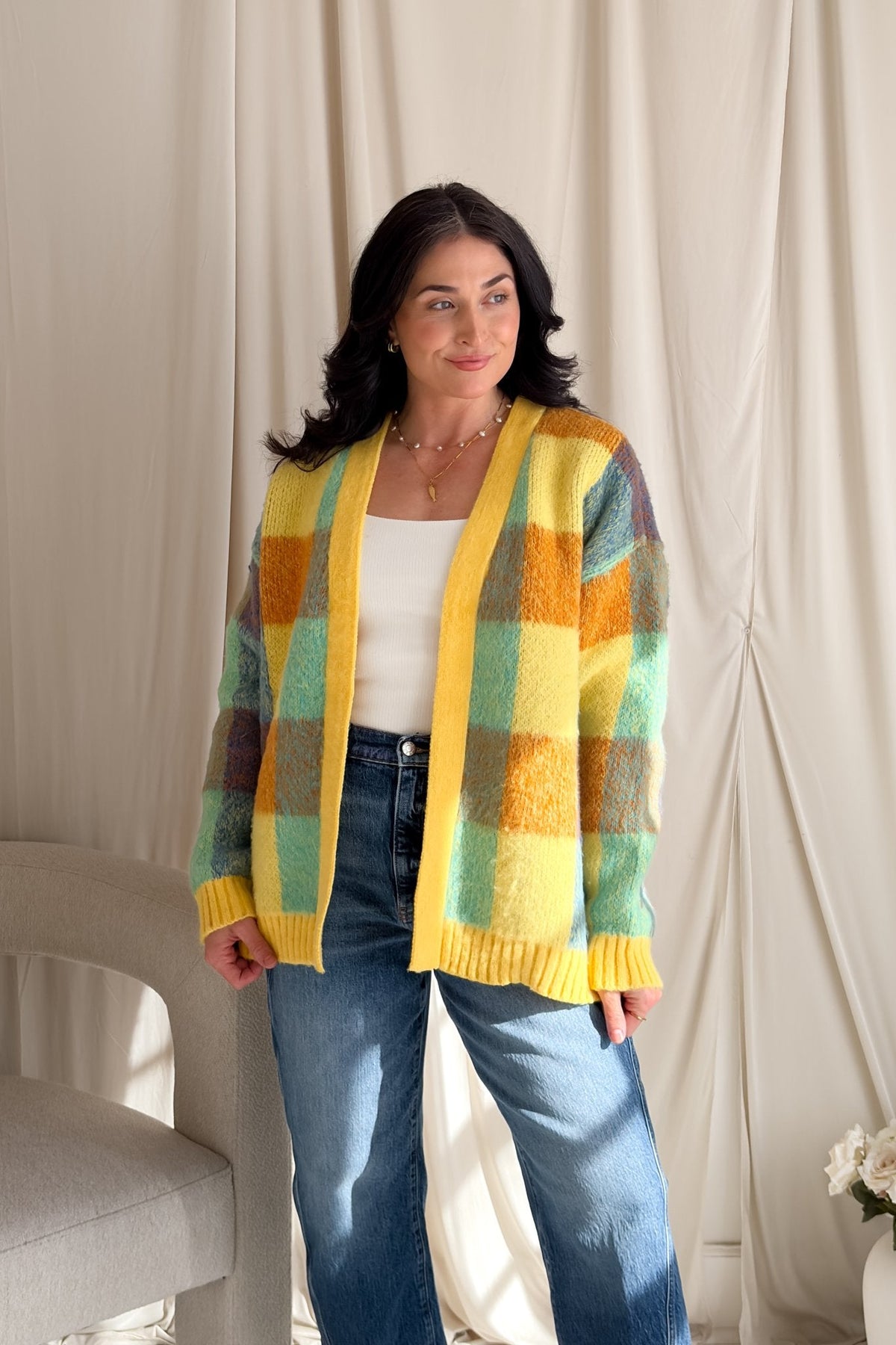 Yellow Multi - Color Check Knit Cardigan – Soft Oversized Fit - Women's Sweaters - Blooming Daily