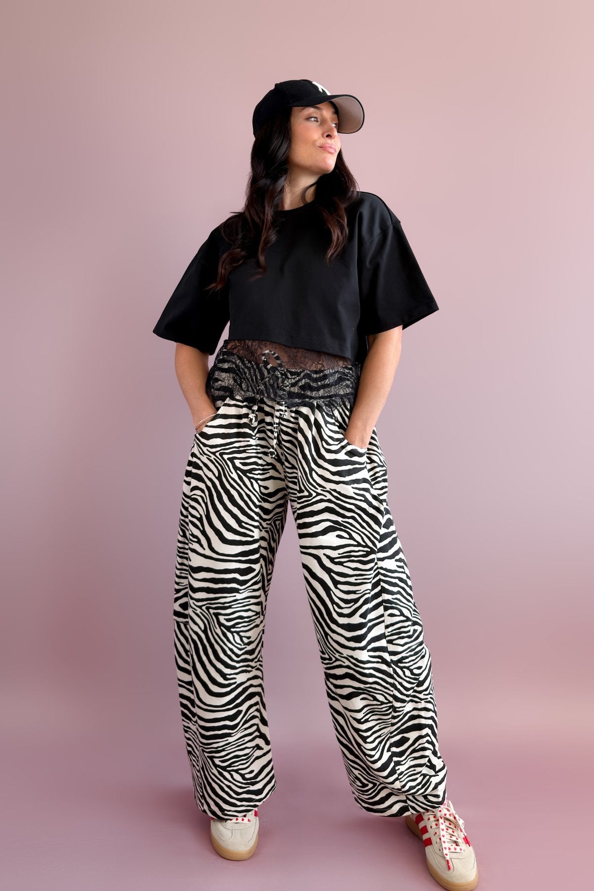 1. Black and ivory zebra print barrel pants with elastic waist and wide relaxed legs styled for an elevated casual outfit