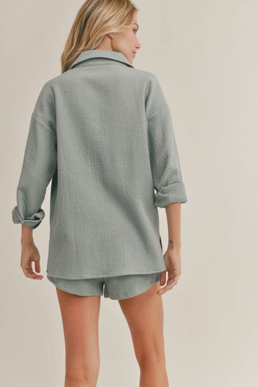 Blue Belle Soft Button Down Top in Dusty Blue - Shorts - Blooming Daily