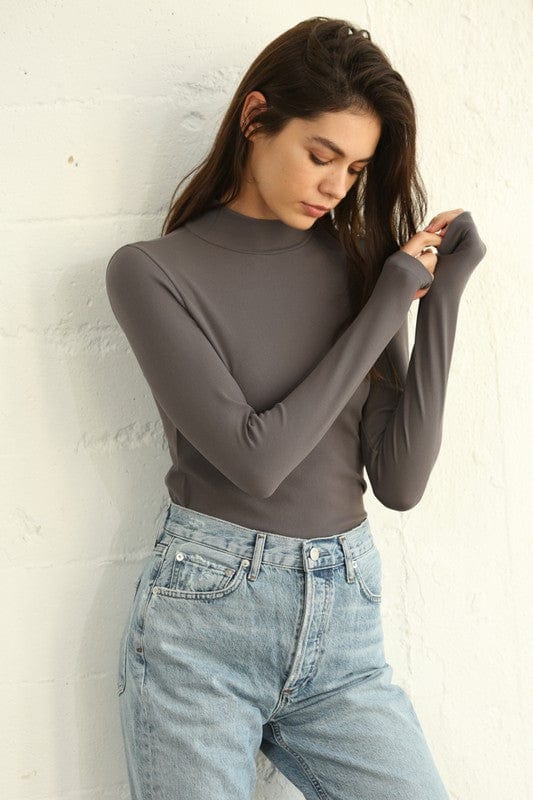 By Together Hold Me Tight Long Sleeve Mock Neck Top in Charcoal - Shirts & Tops - Blooming Daily