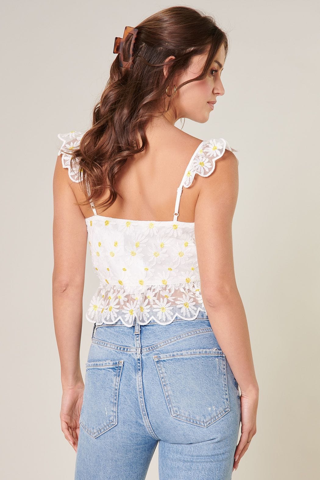 Cassiopeia Floral Ruffle Front Tie Lace Crop Top - Shirts &amp; Tops - Blooming Daily