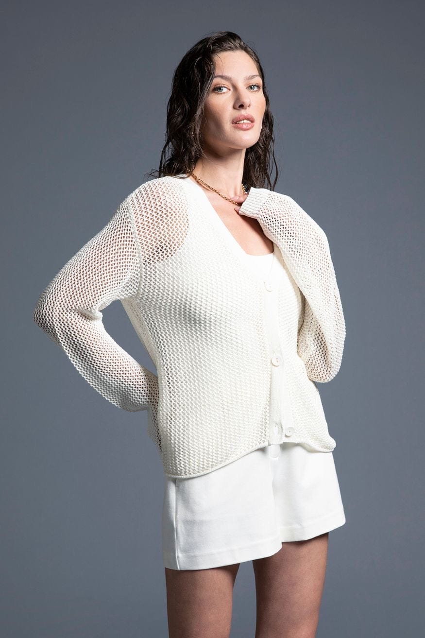 Coco Crochet Open Knit Long Sleeve Cardigan in Ivory - Shirts &amp; Tops - Blooming Daily