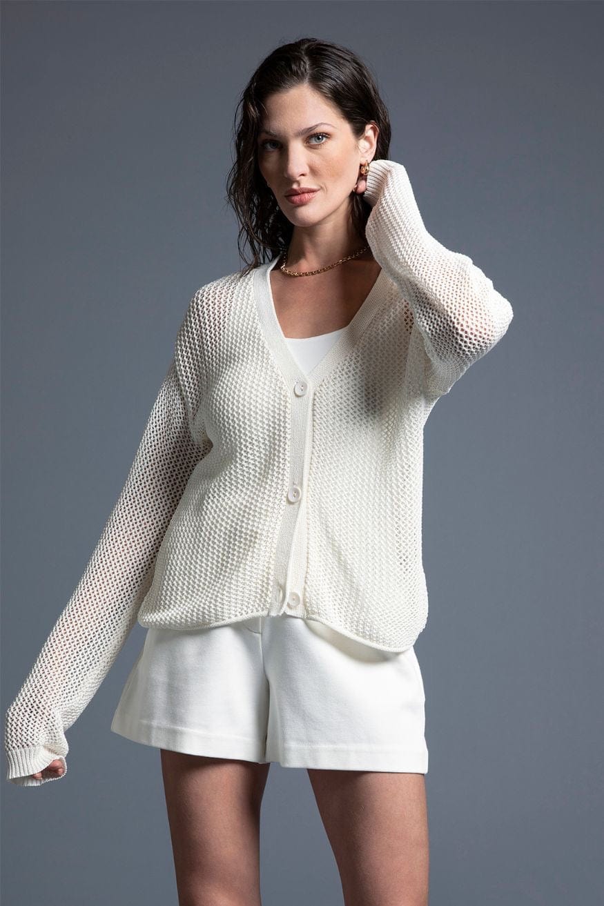 Coco Crochet Open Knit Long Sleeve Cardigan in Ivory - Shirts & Tops - Blooming Daily