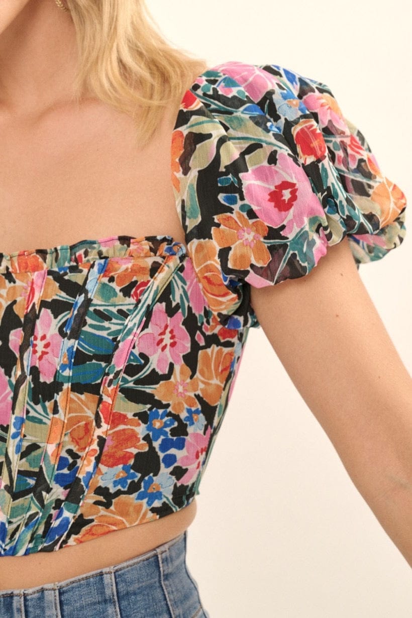 Corset Top Elegant Floral Print Puff Sleeves - Shirts &amp; Tops - Blooming Daily