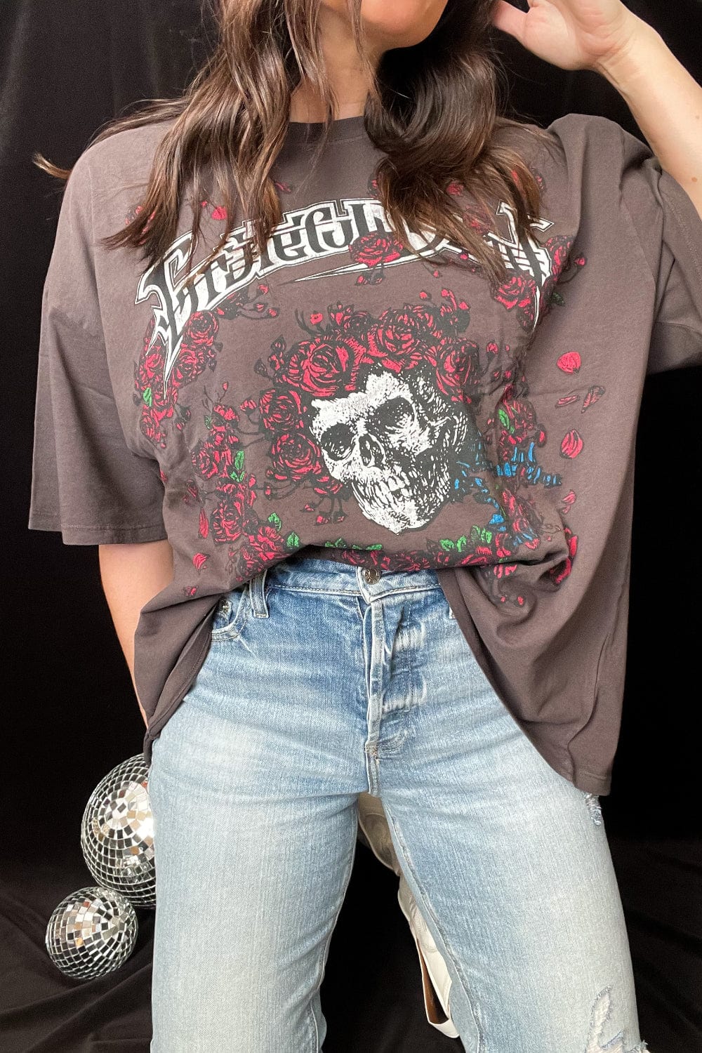 DAYDREAMER Grateful Dead Roses Oversized OS Tee in Washed Black - Graphic Tee - Blooming Daily
