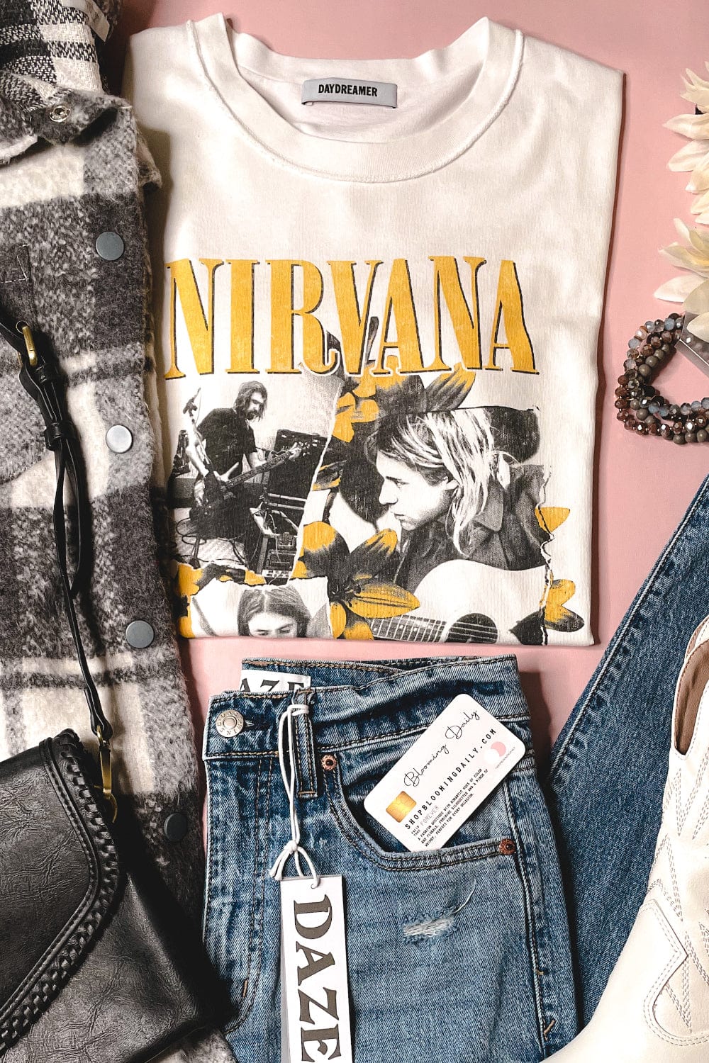DAYDREAMER Nirvana Collage Reverse Girlfriend Tee in Vintage White - Graphic Tee - Blooming Daily