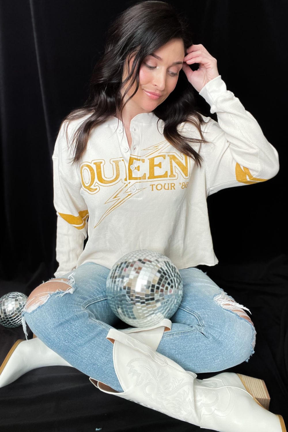 DAYDREAMER Queen Tour &#39;80 Thermal Long Sleeve Henley in Dirty White - Graphic Tee - Blooming Daily