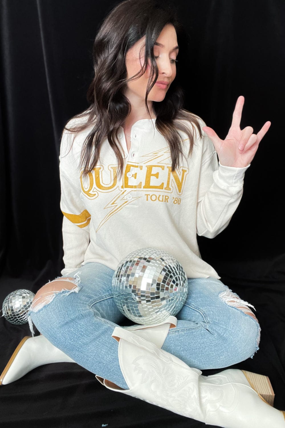 DAYDREAMER Queen Tour &#39;80 Thermal Long Sleeve Henley in Dirty White - Graphic Tee - Blooming Daily