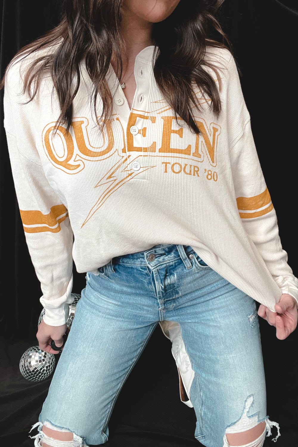 DAYDREAMER Queen Tour '80 Thermal Long Sleeve Henley in Dirty White - Graphic Tee - Blooming Daily