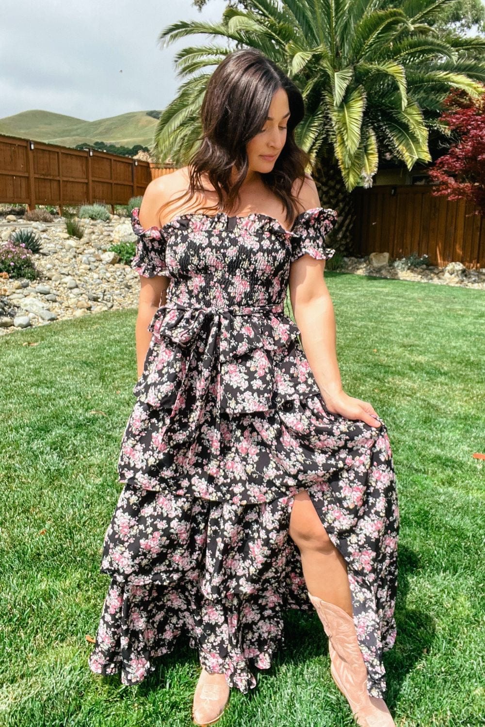 Elegant Romance Unveiled | Black Floral Print Maxi Dress with Tiered Ruffles - Women's Dresses - Blooming Daily