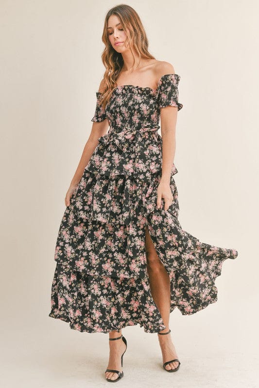 Elegant Romance Unveiled | Black Floral Print Maxi Dress with Tiered Ruffles - Women's Dresses - Blooming Daily