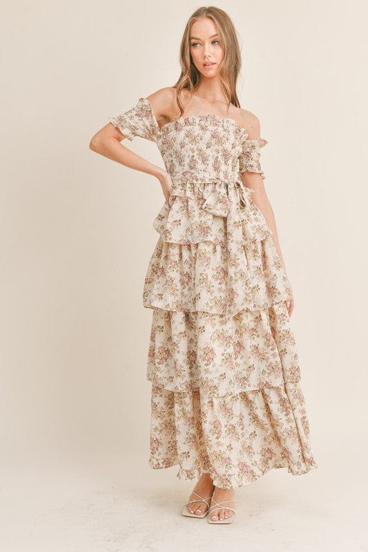 Elegant Romance Unveiled | Cream Floral Print Maxi Dress with Tiered Ruffles - Dresses - Blooming Daily