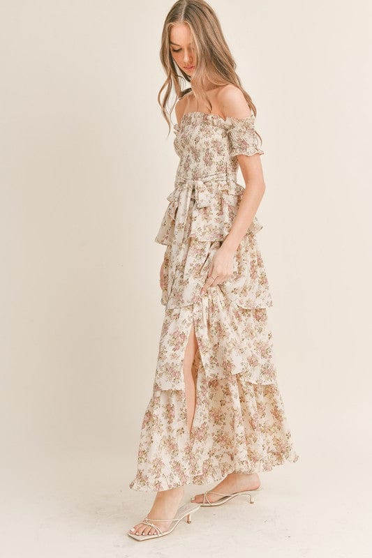 Shop Elegant Romance Unveiled - Cream Floral Print Maxi Dress with Tiered Ruffles at Blooming Daily Shop Elegant Romance Unveiled - Cream Floral Print Maxi Dress with Tiered Ruffles at Blooming Daily
