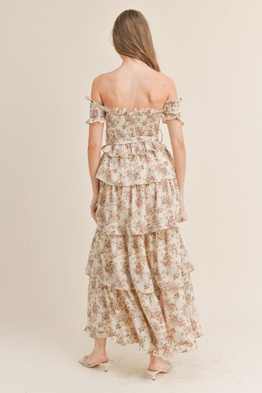 Elegant Romance Unveiled | Cream Floral Print Maxi Dress with Tiered Ruffles - Dresses - Blooming Daily