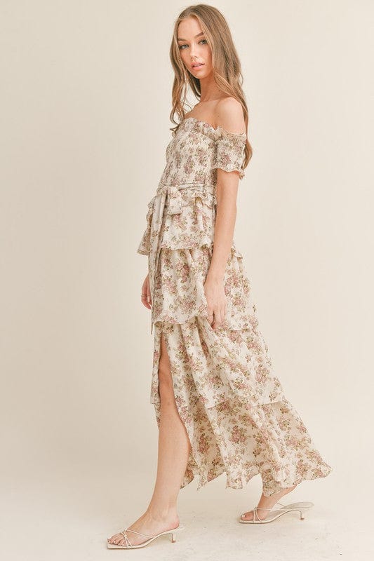Shop Elegant Romance Unveiled - Cream Floral Print Maxi Dress with Tiered Ruffles at Blooming Daily Shop Elegant Romance Unveiled - Cream Floral Print Maxi Dress with Tiered Ruffles at Blooming Daily