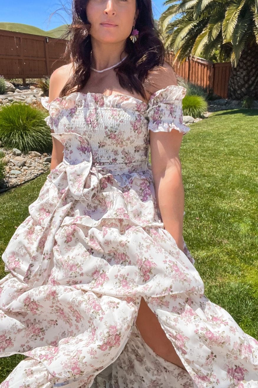 Shop Elegant Romance Unveiled - Cream Floral Print Maxi Dress with Tiered Ruffles at Blooming Daily Shop Elegant Romance Unveiled - Cream Floral Print Maxi Dress with Tiered Ruffles at Blooming Daily