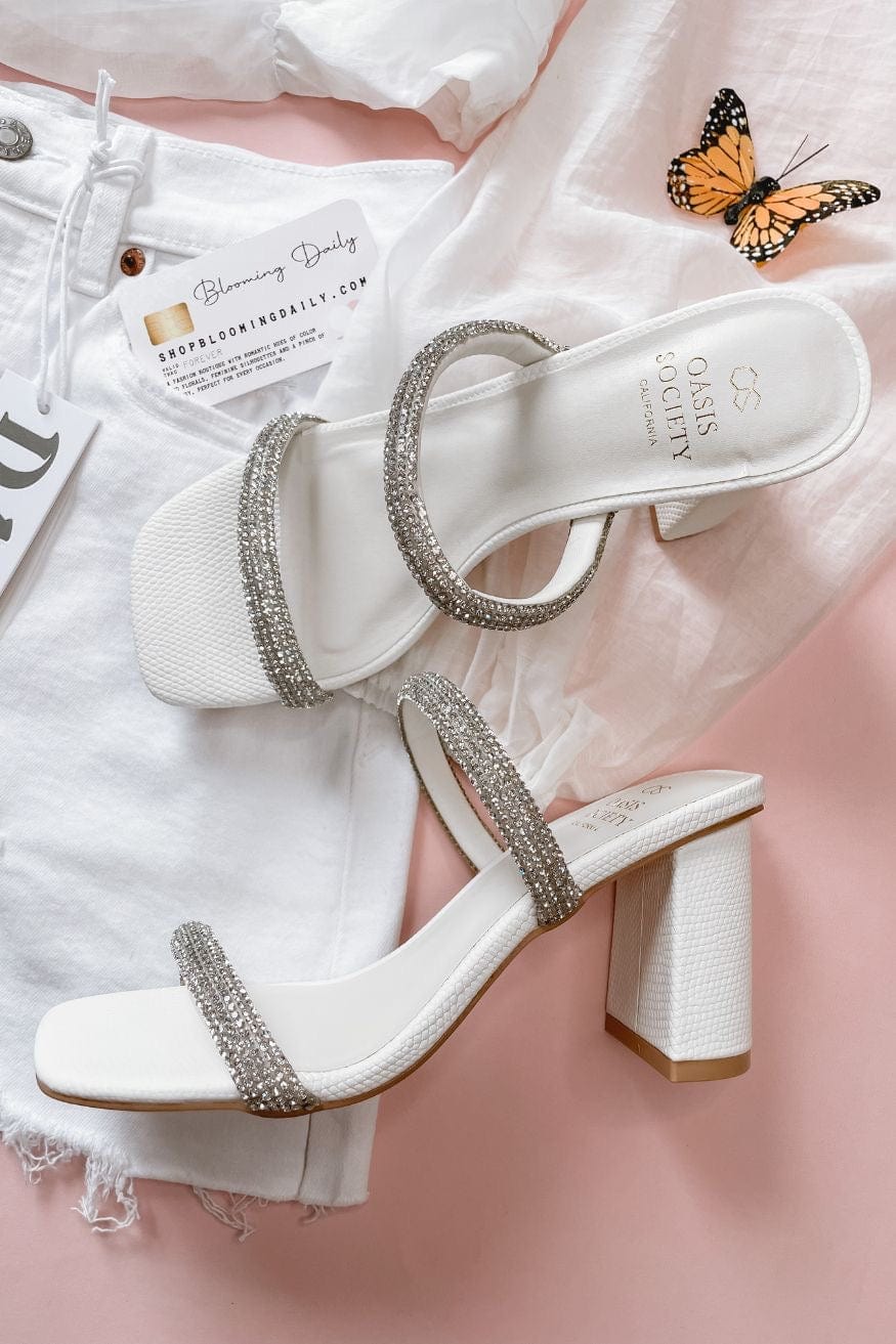 Elle Crystal Embellished Textured Double Strap Block Heel in White - Shoes - Blooming Daily