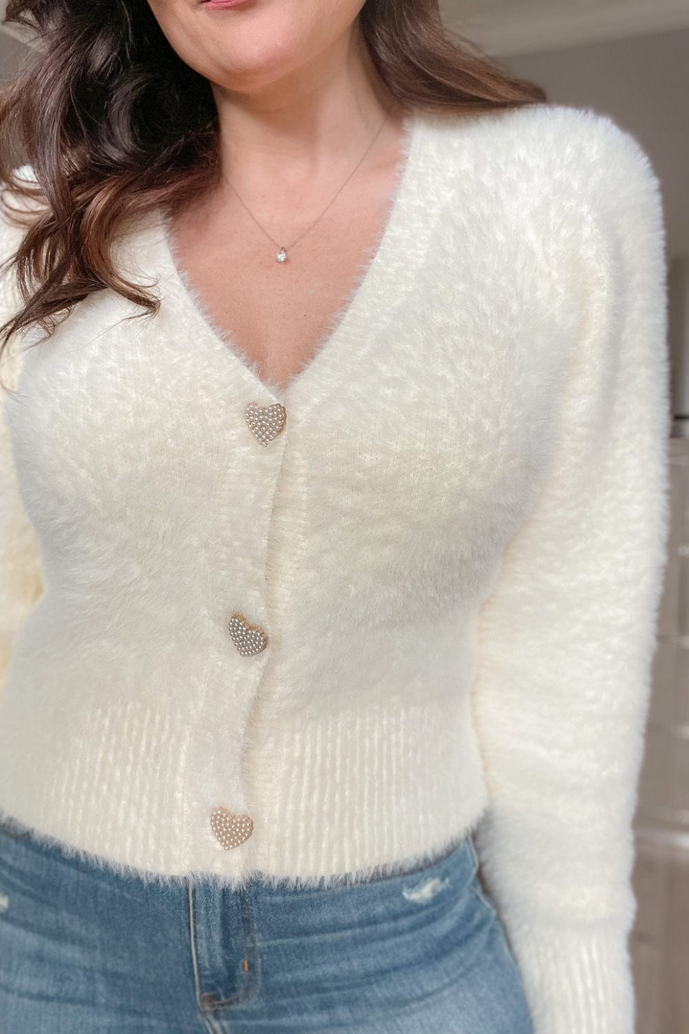 English Factory Romance Novel Feathered Plush Cream Pearl Heart Button Cardigan - Shirts &amp; Tops - Blooming Daily