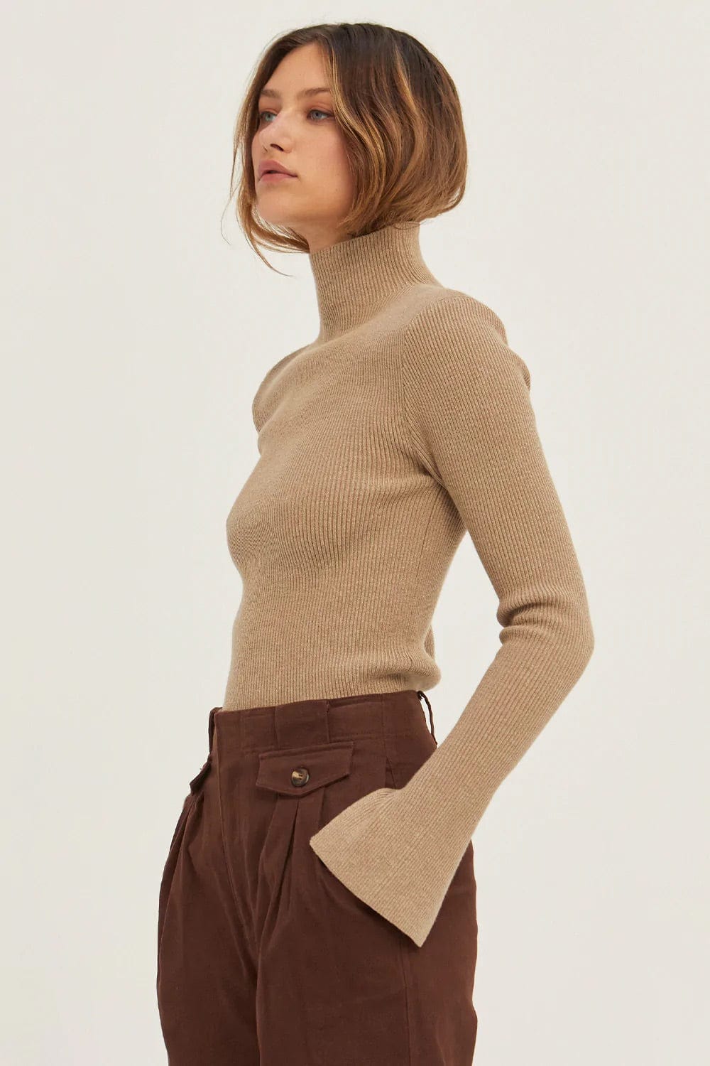 Erika Ribbed Knit Fitted Turtleneck Sweater Top in Taupe - Shirts & Tops - Blooming Daily