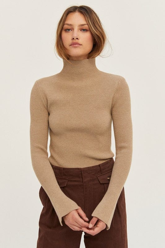 Erika Ribbed Knit Fitted Turtleneck Sweater Top in Taupe - Blooming Daily
