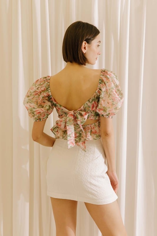 Floral Puff Sleeve Chiffon Corset Top | Feminine and Elegant Blouse - Women&#39;s Shirts &amp; Tops - Blooming Daily
