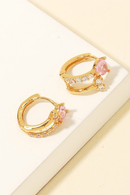Heart Rhinestone Huggie Hoop Earrings | Gold and Pink - Women&#39;s Jewelry - Blooming Daily