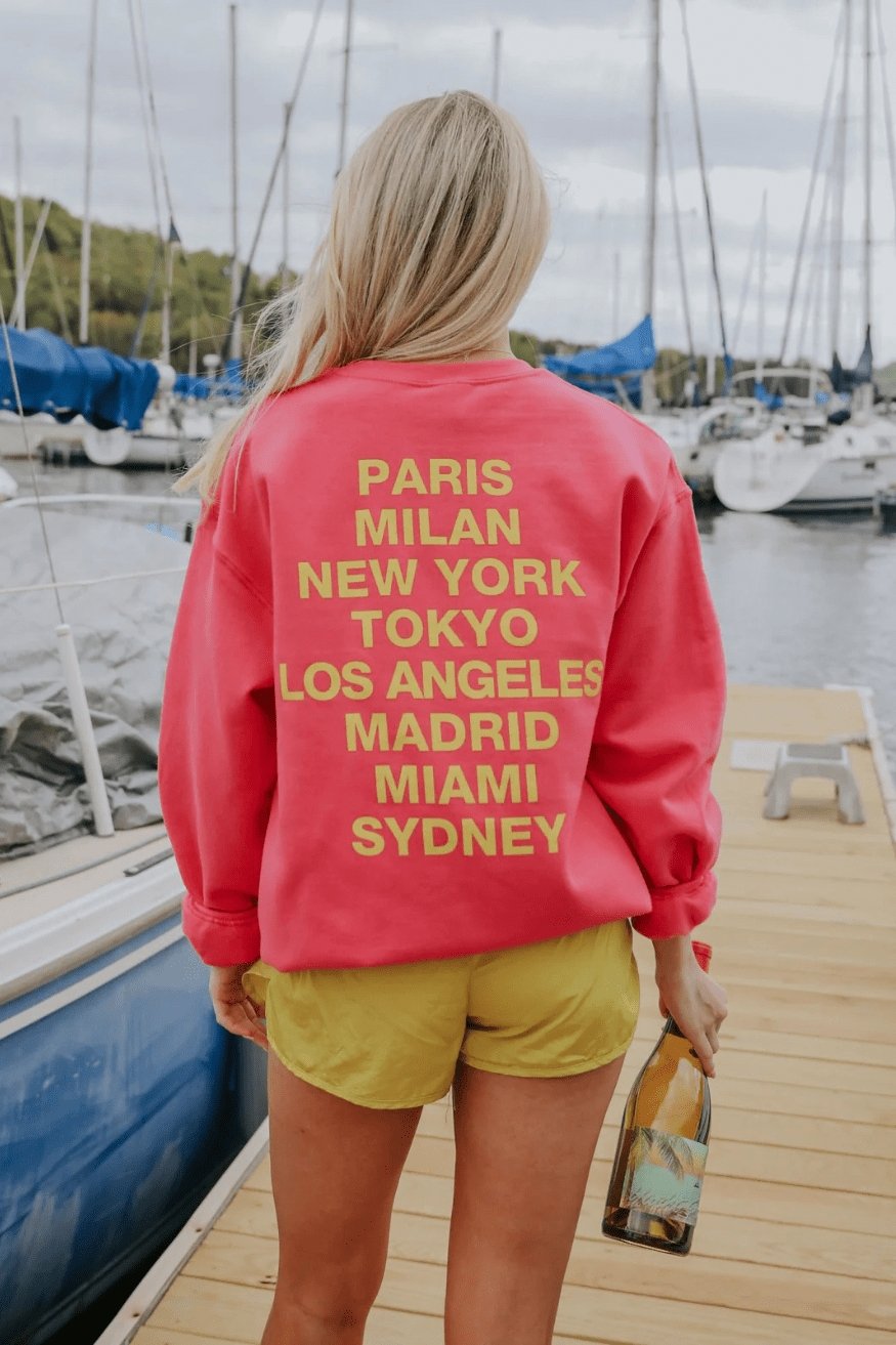 Hot Pink Crewneck Sweatshirt with Travel Graphics | Paris, Milan, New York | Relaxed Fit - Women&#39;s Shirts &amp; Tops - Blooming Daily