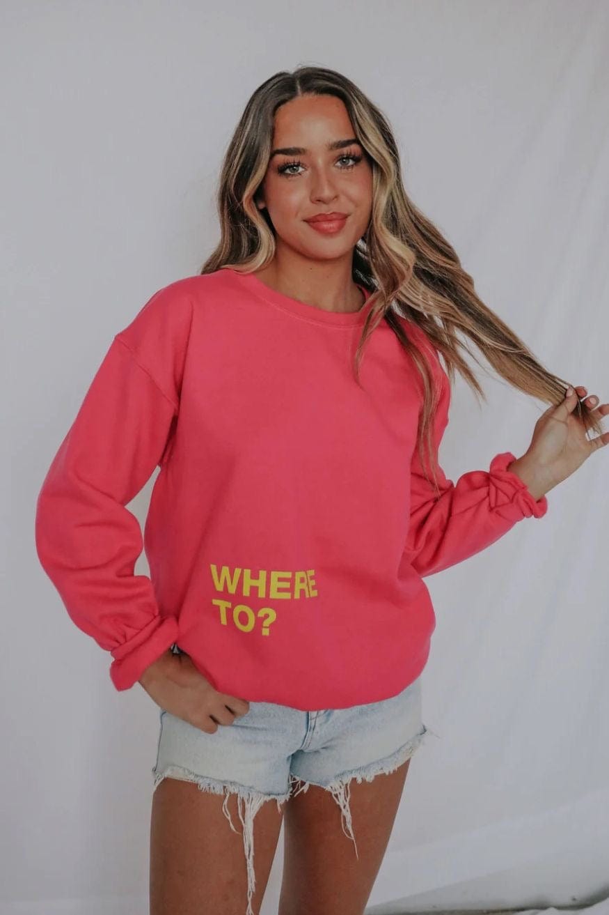 Hot Pink Crewneck Sweatshirt with Travel Graphics | Paris, Milan, New York | Relaxed Fit - Women&#39;s Shirts &amp; Tops - Blooming Daily