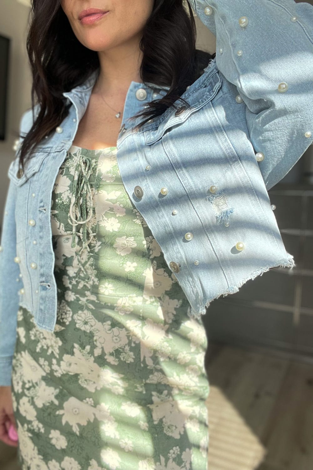 I Do Pearl Embellished Light Wash Denim Jacket - Coats & Jackets - Blooming Daily