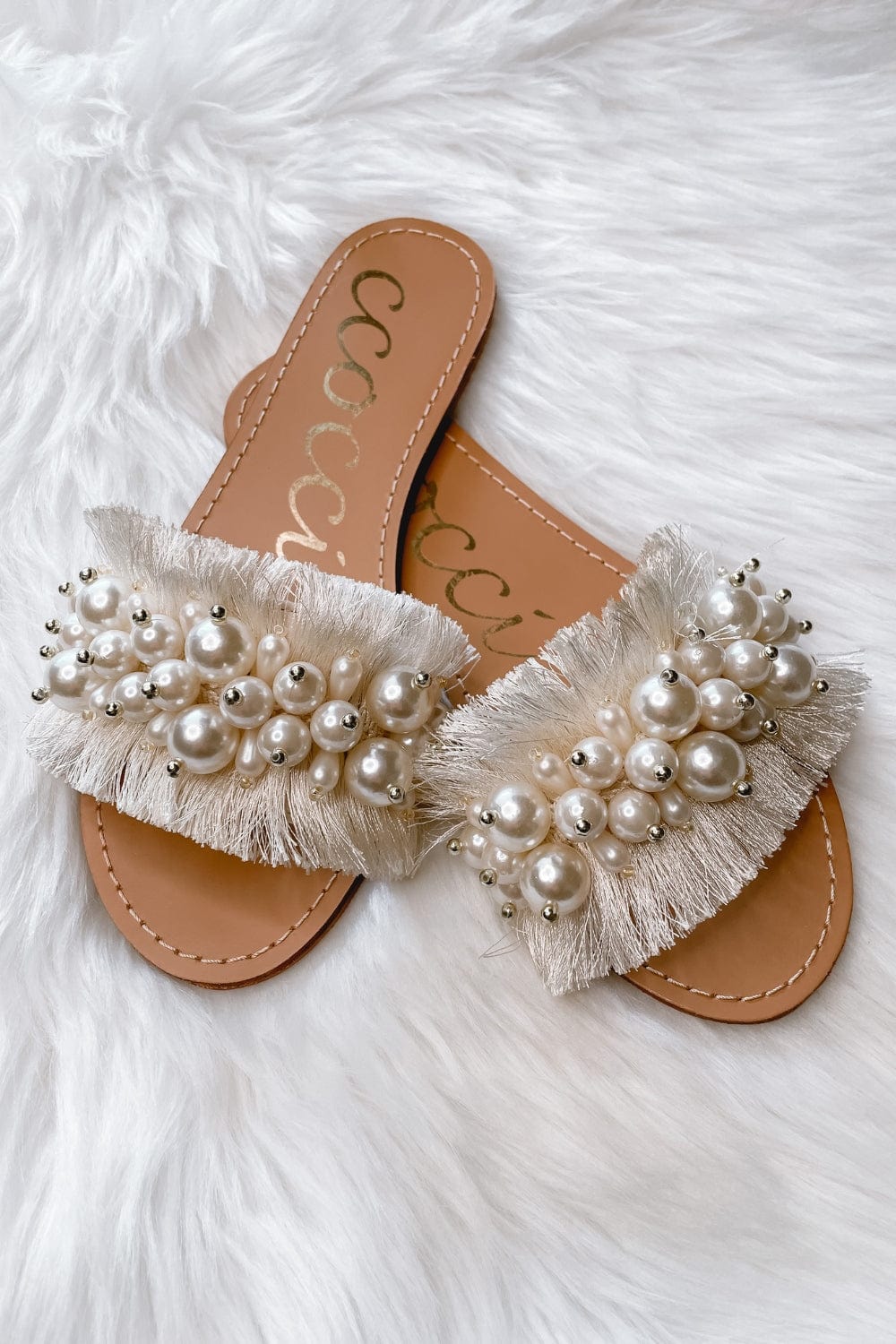 Janelle Pearl Embellished Slide Sandal in Ivory - Shoes - Blooming Daily