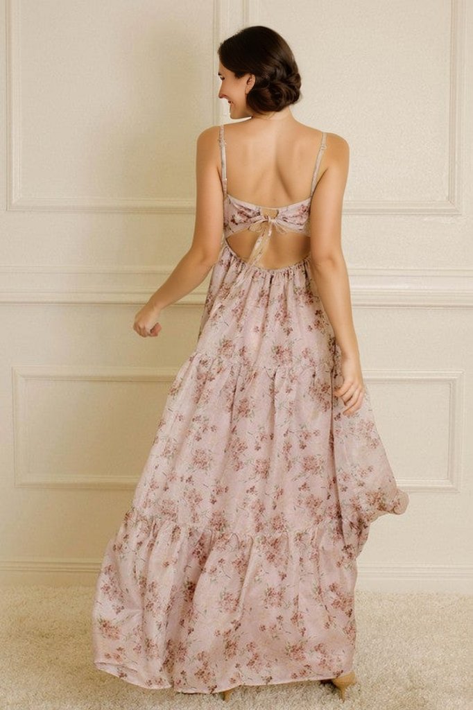 Shop Lavender Blossoms  Delicate Floral Maxi Dress with Open Back and  Adjustable Straps - Blooming Daily