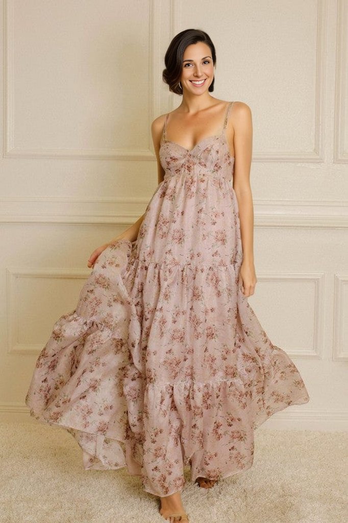 Shop Lavender Blossoms  Delicate Floral Maxi Dress with Open Back and  Adjustable Straps - Blooming Daily