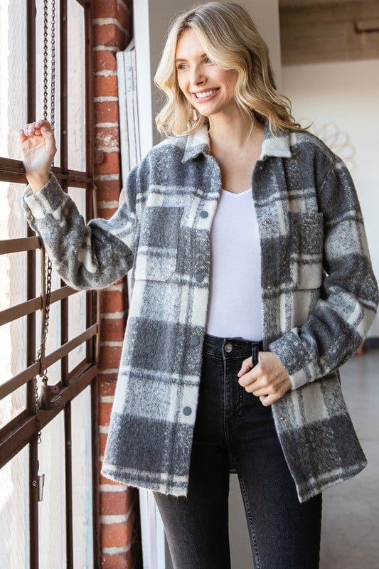 Monochromatic Gray and White Brushed Plaid Button Down Shacket with Pockets - Shirts &amp; Tops - Blooming Daily