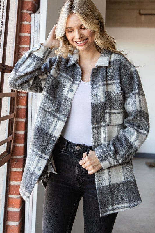 Monochromatic Gray and White Brushed Plaid Button Down Shacket with Pockets - Shirts &amp; Tops - Blooming Daily