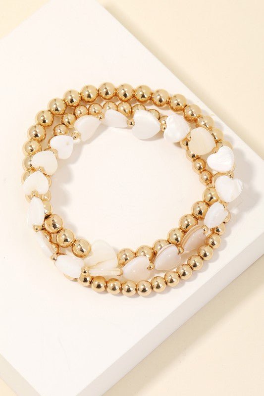 Mother Of Pearl Heart Shaped Bracelet Stack | Gold - Women's Jewelry - Blooming Daily
