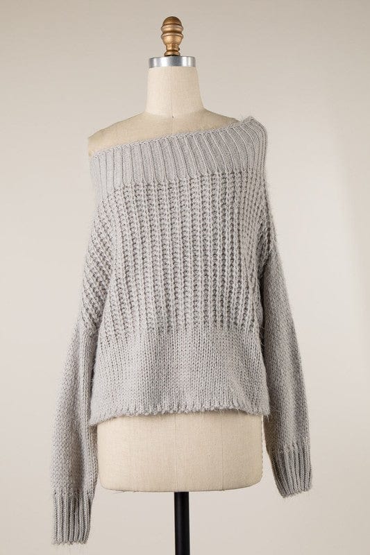 Pale Gray Off The Shoulder Slouchy Fuzzy Knit Sweater Top - Sweater - Blooming Daily